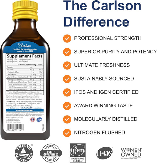 Carlson - The Very Finest Fish Oil, 1600 Mg Omega-3S, Liquid Fish Oil Supplement, Norwegian Fish Oil, Wild-Caught, Sustainably Sourced Fish Oil Liquid, Lemon, 200Ml, 6.7 Fl Oz