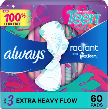 Always Radiant Teen Pads, Size 3, Extra Heavy, With Wings, Unscented, 20 Count X 3 Packs (60 Count Total)