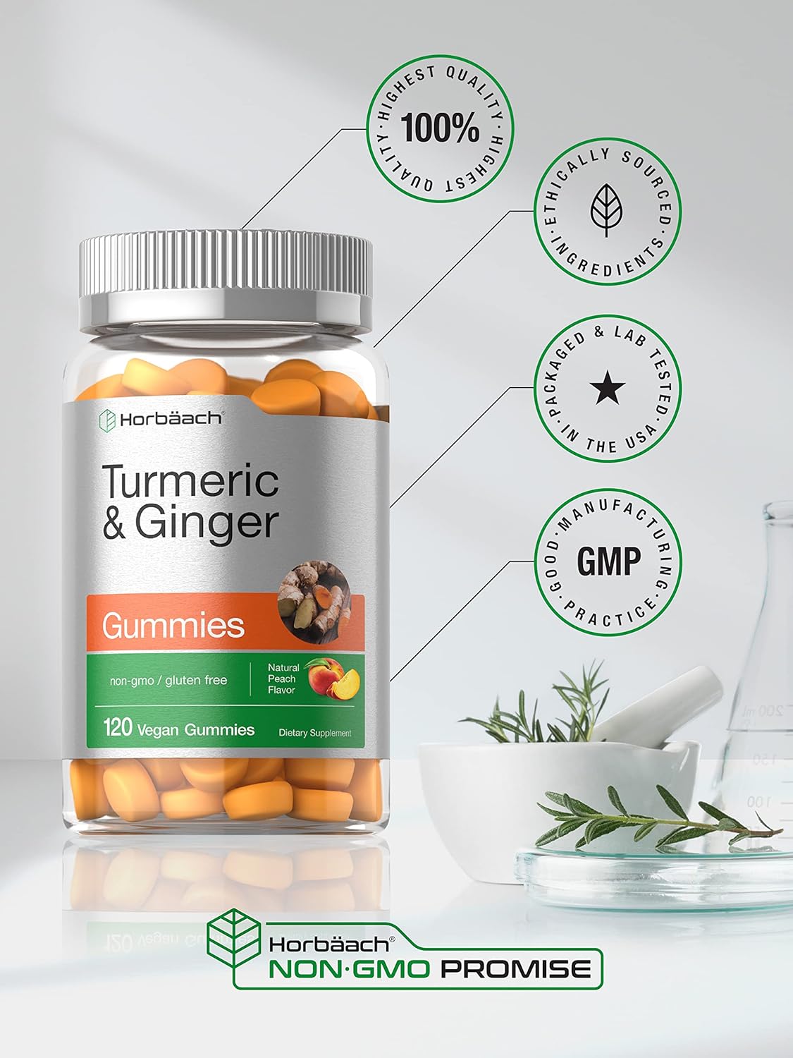 Horbäach Turmeric and Ginger Gummies | 120 Count | Peach Flavor | Vegan Non-GMO & Gluten Free Supplement : Health & Household