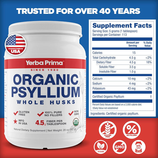 Yerba Prima Organic Psyllium Whole Husks Colon Cleanser - 20 oz - Natural Daily Dietary Fiber Supplement 20oz, Colon Cleanser, Regularity & Detox Cleansing Support, Gluten Free, Non GMO, Vegan