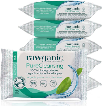 RAWGANIC Pure Cleansing Refreshing Facial Wipes with Aloe Vera and Green Tea | Gentle Soothing Biodegradable Makeup Removal Organic Cotton Wipes | 6 Packs (150 wipes in total)