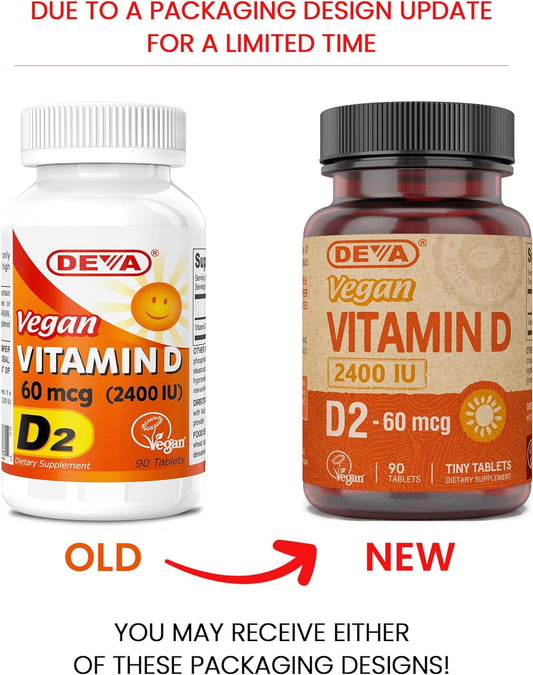 DEVA Vegan Vitamin D2 60 mcg 2400 IU, Ergocalciferol Supplement with No Animal Ingredients, 90 Tablets