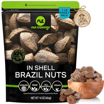Nut Cravings - Raw Brazil Nuts In Shell - Whole, (16Oz - 1 Lb) Bulk Nuts Packed Fresh In Resealable Bag - Healthy Protein Food Snack, All Natural, Keto, Vegan, Kosher