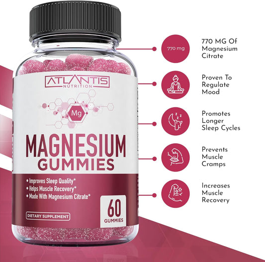 Magnesium Gummies - 770 Mg Magnesium Citrate - Promotes Calmness & Improves Sleep. Helps Muscles Recover & Relieves Cramps - 60 Vegan Gummies
