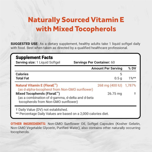 Naturalis Sunflower Vitamin E 268mg (400 IU) with Mixed Tocopherols | Essential Skin Vitamin & Immune Support | Non-GMO, Soy & Gluten Free | 120 Softgels