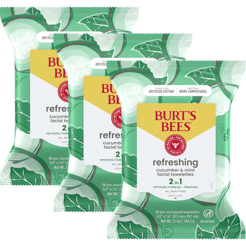 Burt'S Bees Cucumber & Mint Face Wipes, For All Skin Types, Refreshing Makeup Remover & Facial Cleansing Towelettes, 30 Ct. (3-Pack)