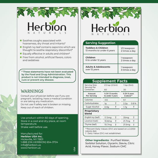 Herbion Naturals Ivy Leaf Cough Syrup With Thyme And Licorice, 5 Fl Oz, Soothes Throat And Relieves Respiratory Discomfort, For Adults, Kids 13 Months And Above, Alcohol Free, Sugar Free With Stevia