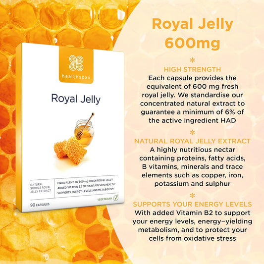 Healthspan Royal Jelly 600mg (90 Capsules) | Reduce Tiredness & Fatigue | Added Vitamin B2 to Support Energy Levels & Protect Against Oxidative Stress | Minimum 6% HDA | Fatty Acids | Vegetarian