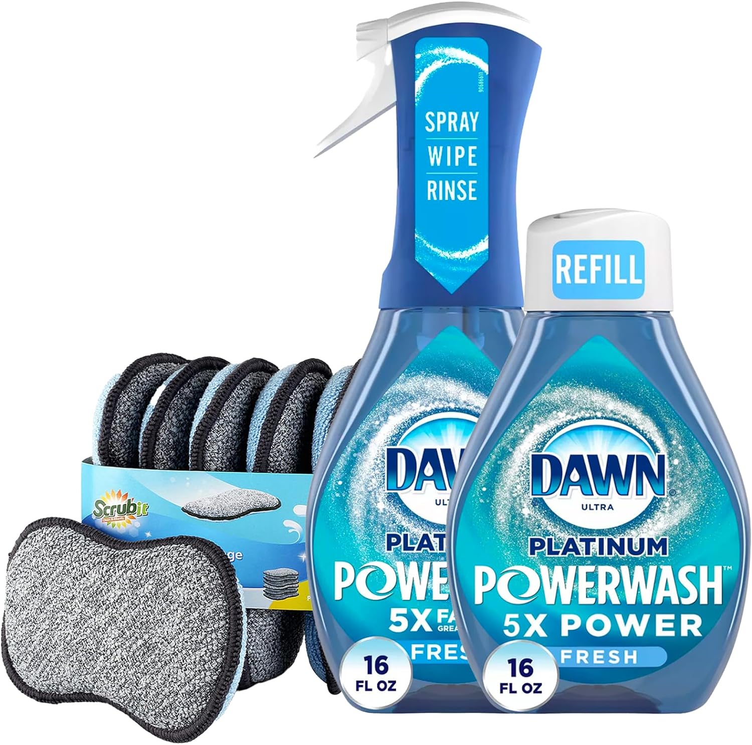 Dawn Powerwash Spray Platinum Dish Soap - Fresh Scent + 1 Dawn Powerwash Refill, 16 fl oz each With 6 Multi-Purpose Scrub Sponges for Cleaning Dishes, Pots and Pans