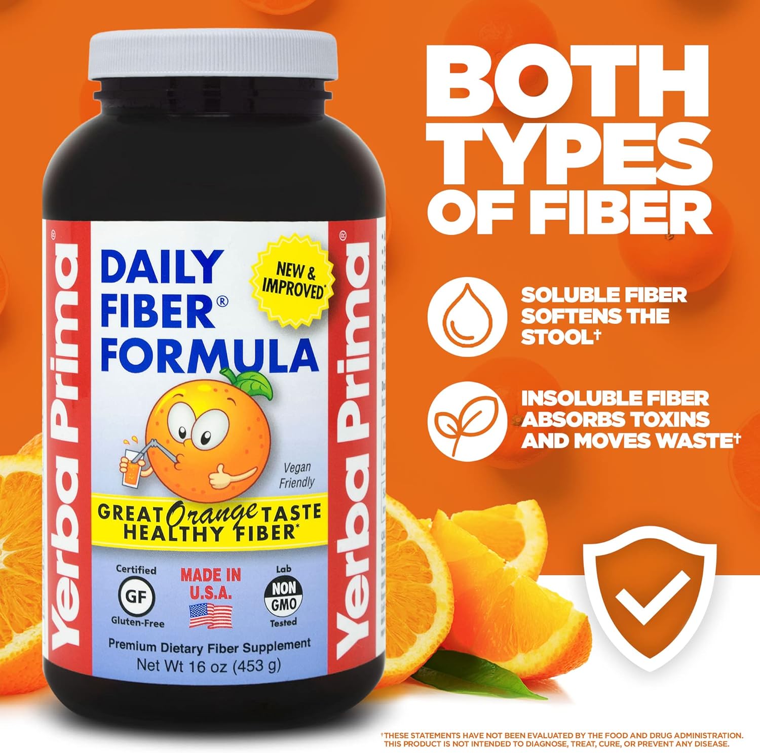 Yerba Prima Orange Daily Fiber Formula 1pound - Non-GMO, Gluten Free, Made in The USA, Delicious Natural Orange Flavor