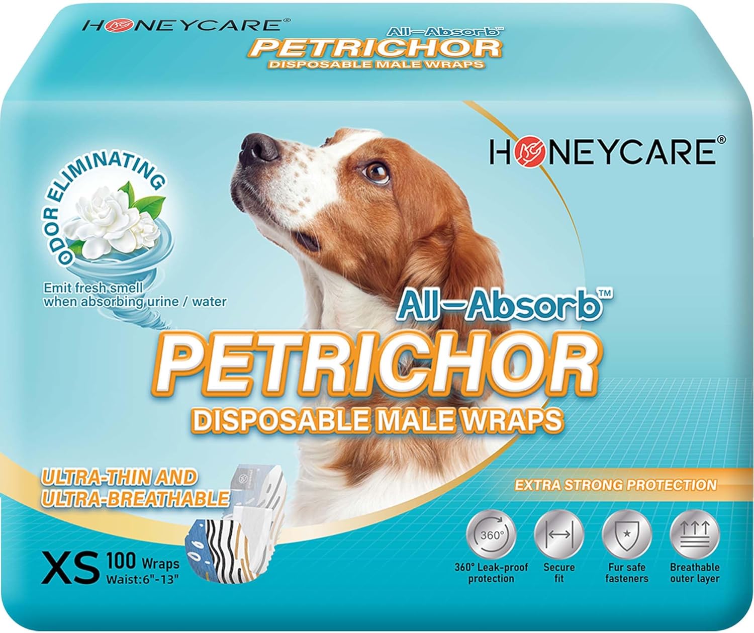 Honey Care All Absorb Petrichor Male Dog Wrap, Fresh Smell Disposable Diapers, Extra Small, White, 100 Count