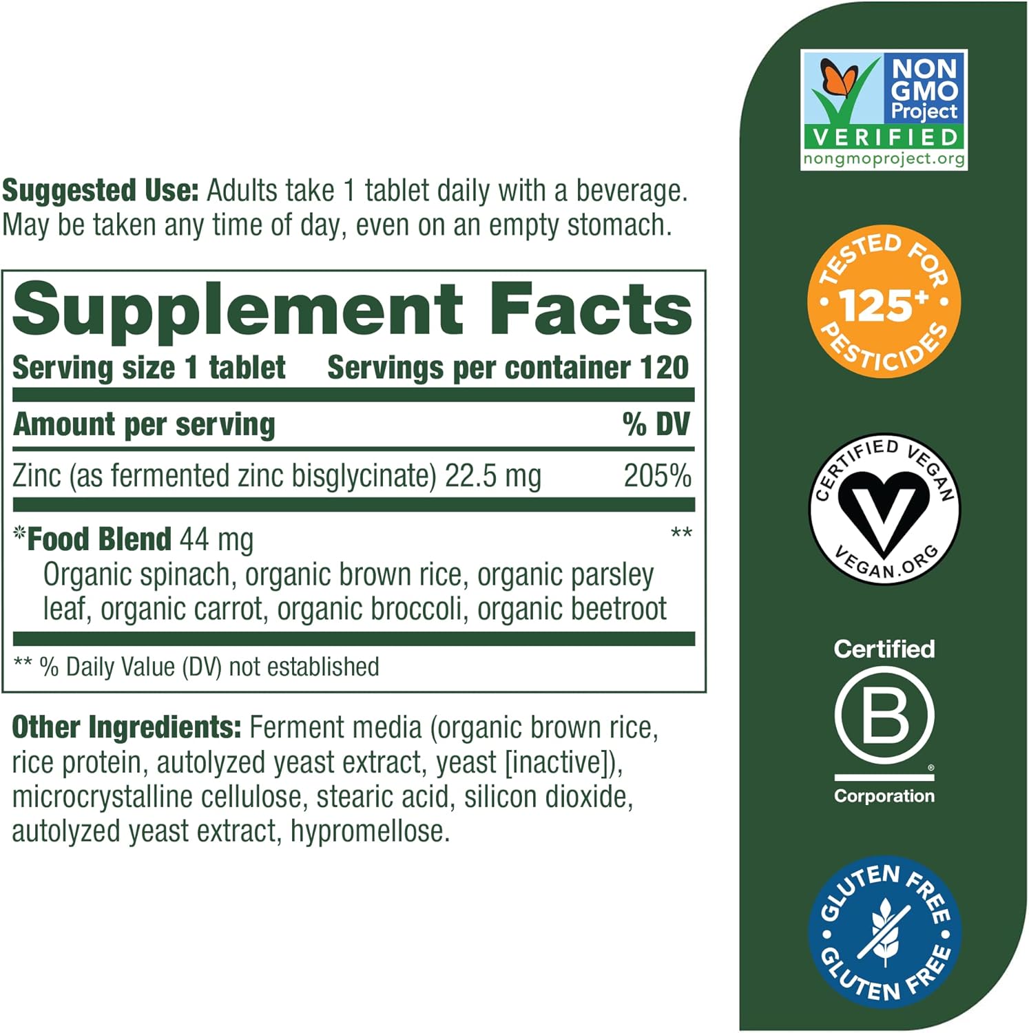 MegaFood Zinc - Immune Support Supplement - High Potency Fermented Zinc Supplements with Nourishing Food Blend - Vegan, Non-GMO, Gluten-Free, and Kosher - Made Without 9 Food Allergens - 120 Tabs