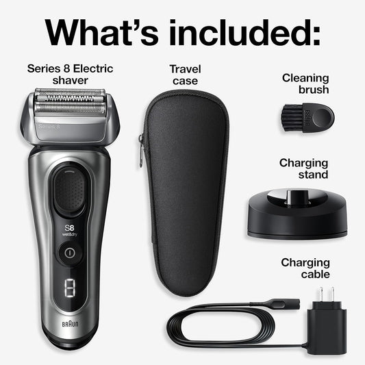 Braun Series 8 Electric Razor For Men, With 4+1 Shaving Elements & Precision Long Hair Trimmer, Close & Gentle Even On Dense Beards, Wet & Dry Electric Razor With 60Min Runtime, 8517S Galvano Silver