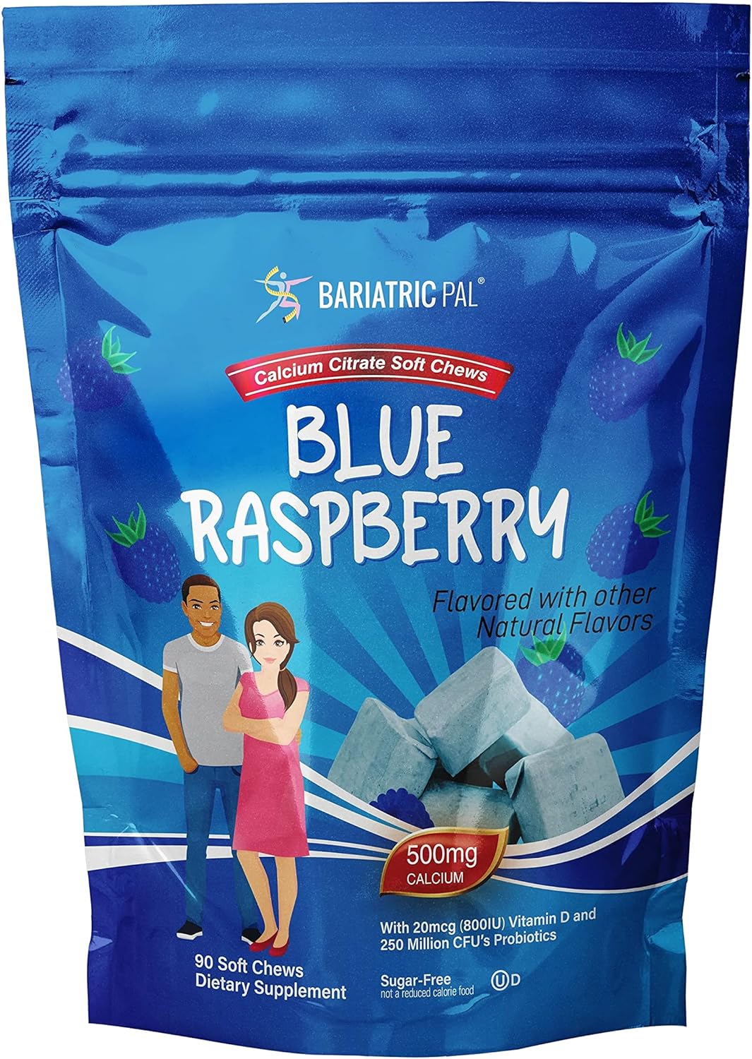 BariatricPal Sugar-Free Calcium Citrate Soft Chews 500mg with Probiotics (90 Count) - Blue Raspberry (New!)