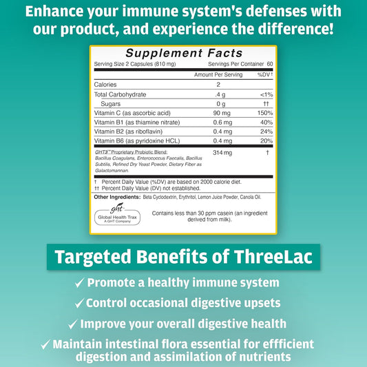 Global Health Trax Ght - Threelac Probiotic Capsules, 120 Count - Comprehensive Digestive Support For Men, Women, And Children - Immune System And Gut Balance, Non-Gmo
