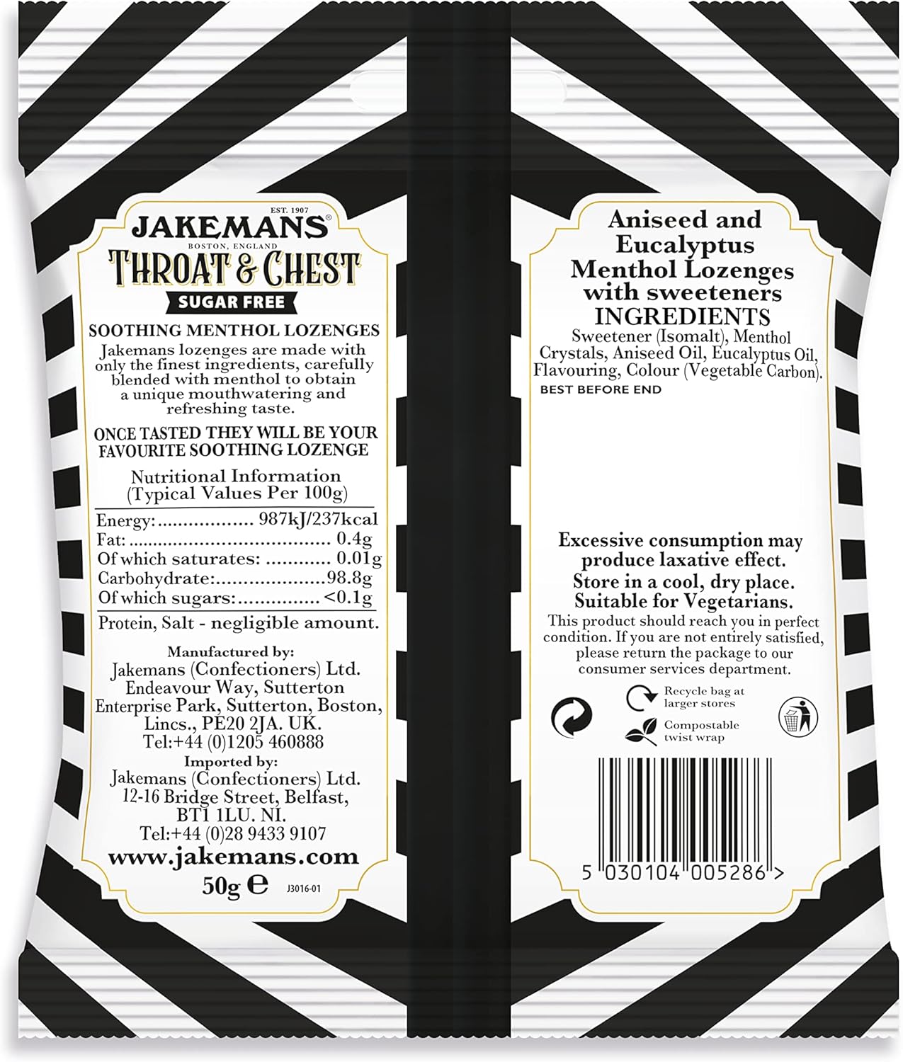 Jakemans Throat & Chest Sugar Free 50g - Pack of 12 - Soothing Menthol Sweets - Suitable for Vegetarians : Amazon.co.uk: Health & Personal Care