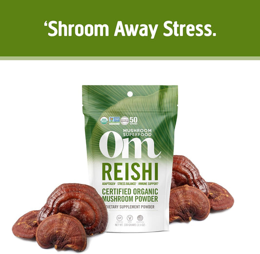 Om Mushroom Superfood Reishi Organic Mushroom Powder, 3.5 , 50 Servings, Adaptogen, Stress & Immune Support, Superfood Mushroom Supplement