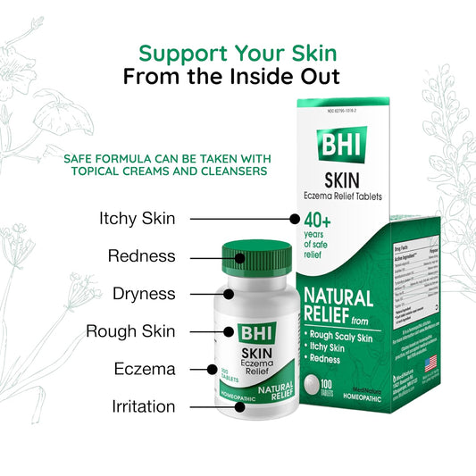 BHI Skin Natural Eczema Relief Remedy 8 Active Soothing Homeopathic Skin Care Ingredients - Natural Treatment for Daily Dryness, Redness, Irritated Dry Itchy Skin on Face & Body - 100 Tablets