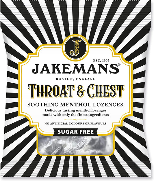 Jakemans Throat & Chest Sugar Free 50G - Pack Of 12 - Soothing Menthol Sweets - Suitable For Vegetarians