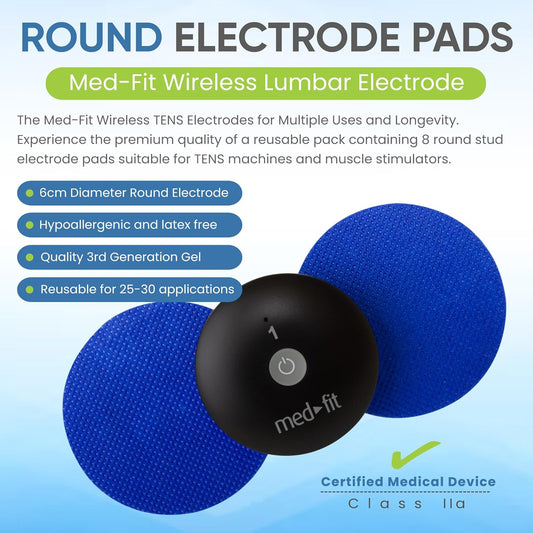 Med-Fit Tens Electrodes - 60Mm Round Stud Replacement Electrode Pads - Pack Of 8 Tens Pads In Total (Blue, 6 Cm Round)