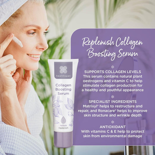 Healthspan Replenish Collagen Boosting Serum (30ml) | Vitamins C & E | Plant Oestrogens | Reduces Fine Lines & Wrinkles | Menopause Support