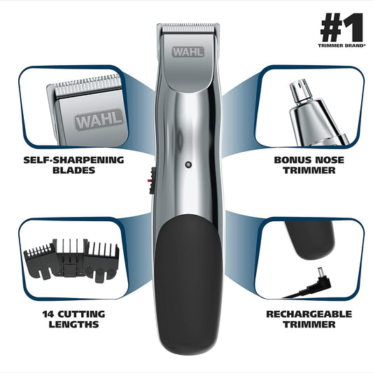 Wahl Groomsman Rechargeable Beard Trimmer Kit For Mustaches, Nose Hair, And Light Detailing And Grooming With Bonus Wet/Dry Battery Nose Trimmer – Model 5622V