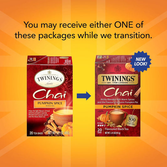 Twinings Pumpkin Spice Chai Black Tea Individually Wrapped Bags, 20 Count (Pack Of 1), Warm, Spicy & Aromatic, Caffeinated, Enjoy Hot Or Iced
