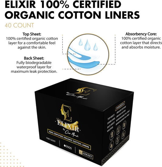 Organic Cotton Liners Certified Hypoallergenic Organic Cotton in All Layers Biodegradable Backing Free of Chlorine & Chemicals Ultrathin - 40 Count - Elixir by Coco March for Sensitive Skin