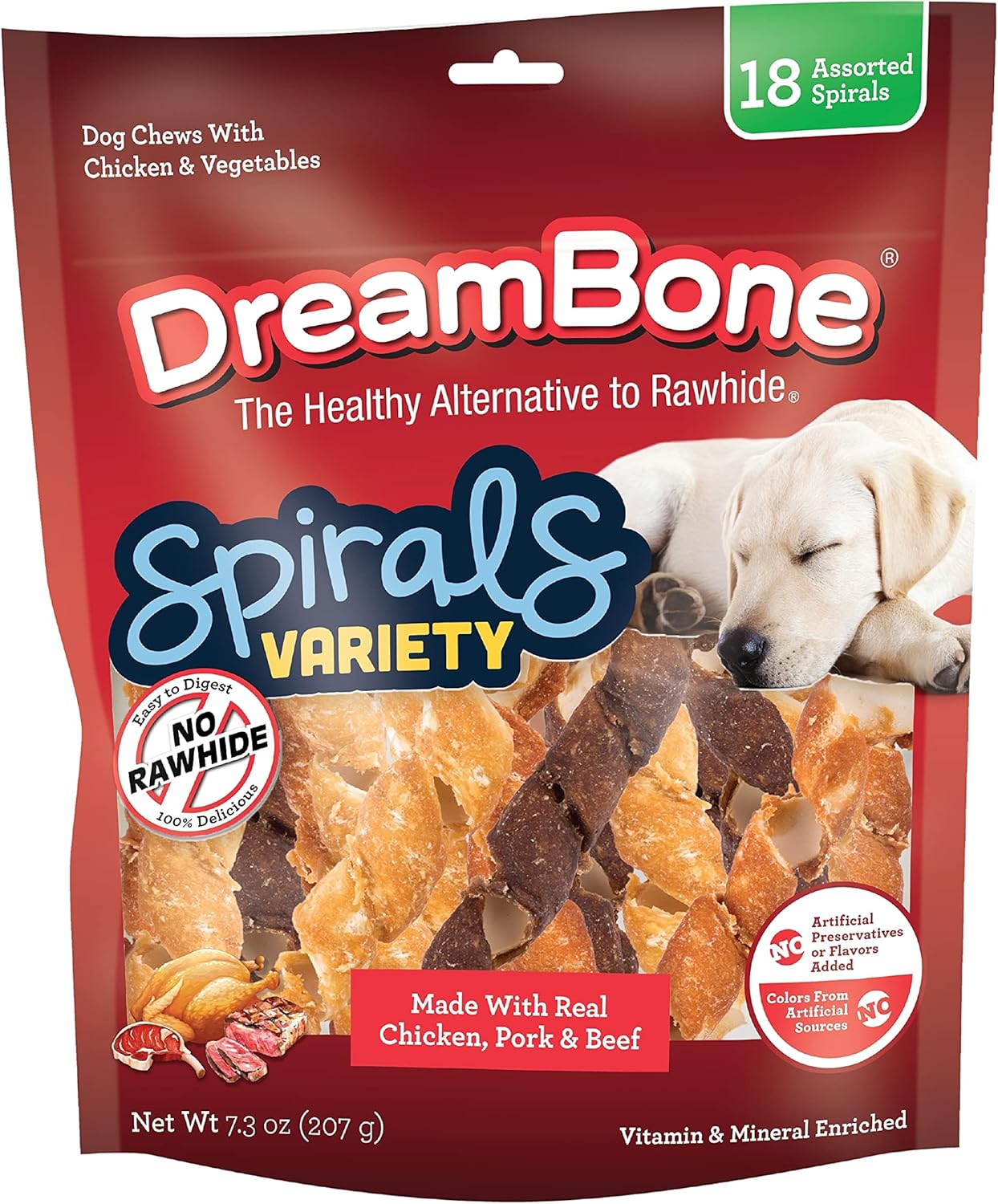 Dreambone Spirals Variety Pack, No-Rawhide Chews For Dogs, 18 Spiral Chews