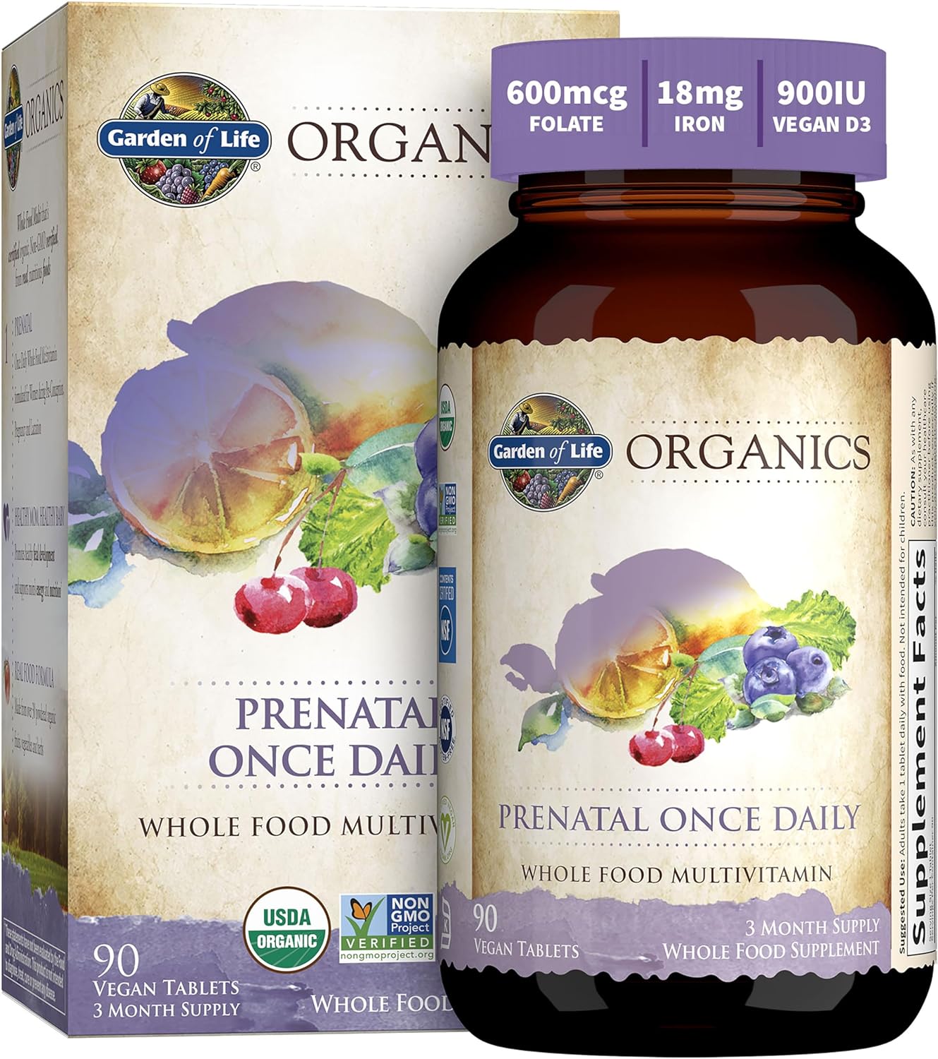 Garden Of Life Organics Prenatal Vitamin: Folate For Energy & Healthy Fetal Development, Non-Constipating Iron, Vitamin C, B6, B12, D3  Organic, Non-Gmo, Gluten-Free, Vegan, 90 Day Supply