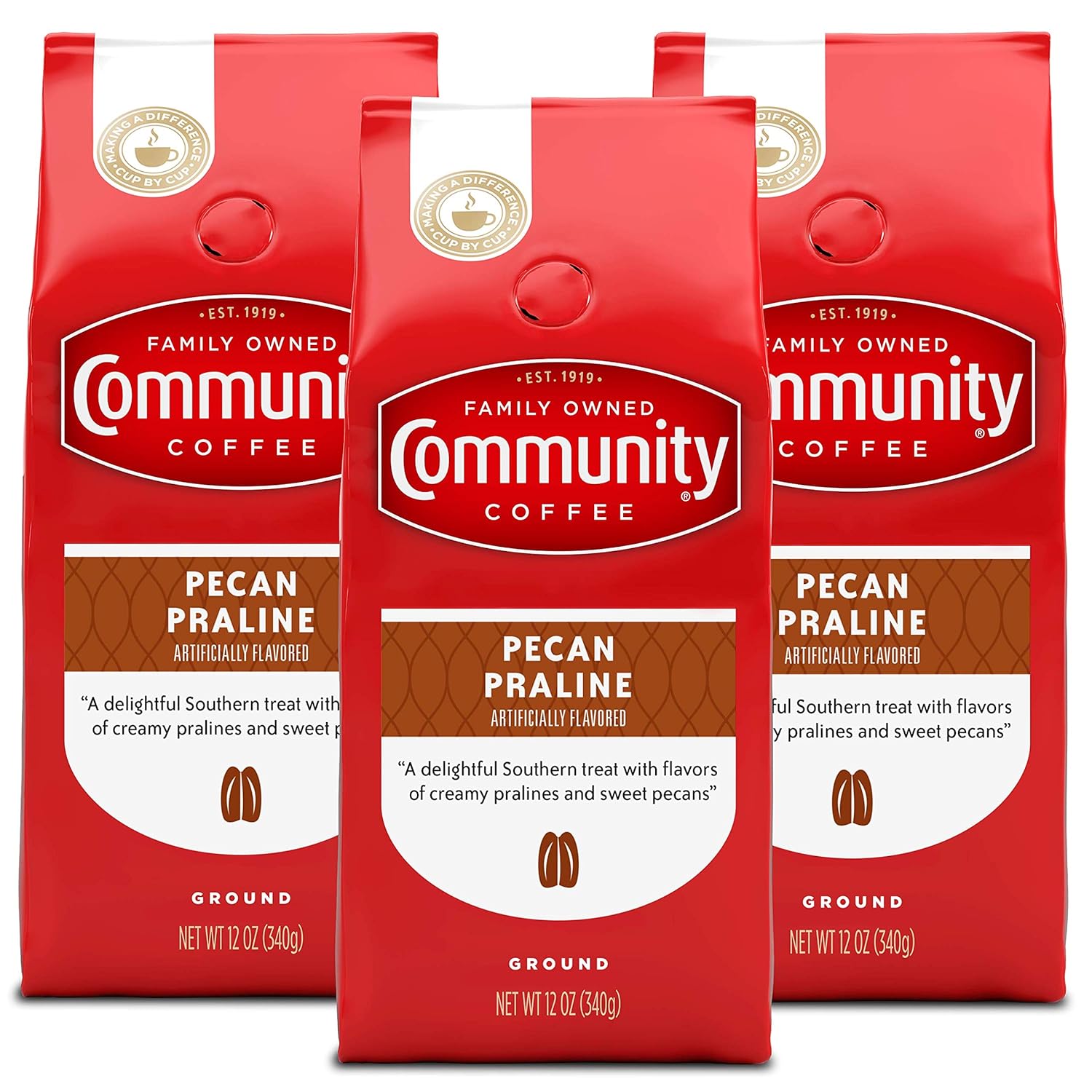Community Coffee Pecan Praline Flavored 12 Ounces, Medium Roast Ground Coffee, 12 Ounce Bag (Pack Of 3)