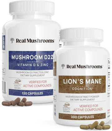 Real Mushrooms Vitamin D2, Zinc, Chaga, Reishi (120Ct) And Lion'S Mane (300Ct) Bundle - Immunity And Cognitive Support, Chelated Zinc For Improved Absorption - Vegan, Gluten Free, Non-Gmo