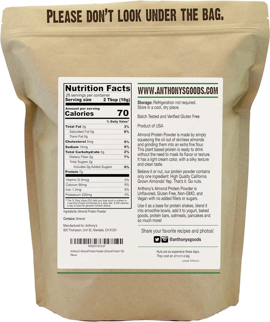 Anthony'S Almond Protein Powder, 1 Lb, Gluten Free, Non Gmo, Plant Based Protein, Made In Usa