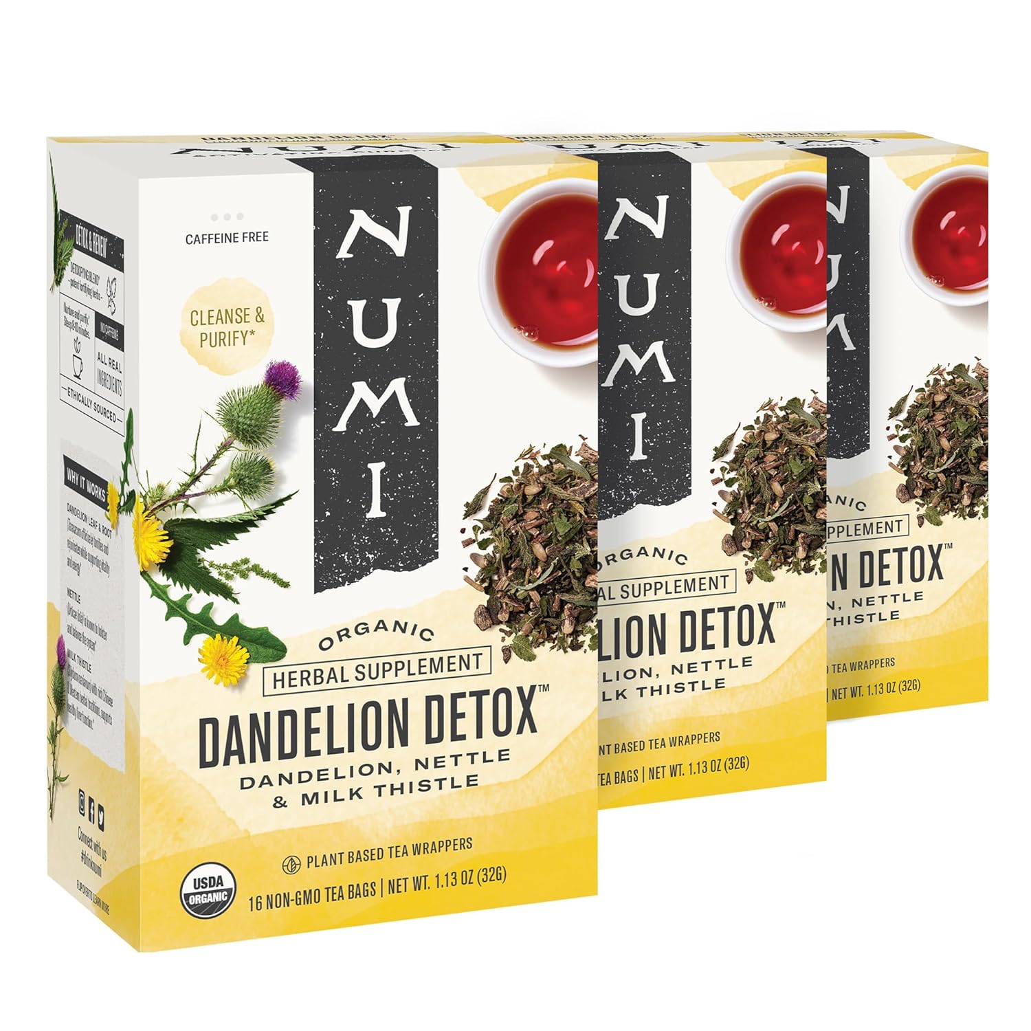 Numi Organic Dandelion Detox Tea, 16 Tea Bags (Pack Of 3), Dandelion, Nestle, And Milk Thistle, Caffeine Free