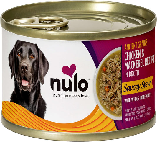 Nulo Ancient Grains Savory Stew With Whole Ingredients Puppy & Dog Food, Chicken And Mackerel In Broth, 6.0 Ounce, 8 Cans