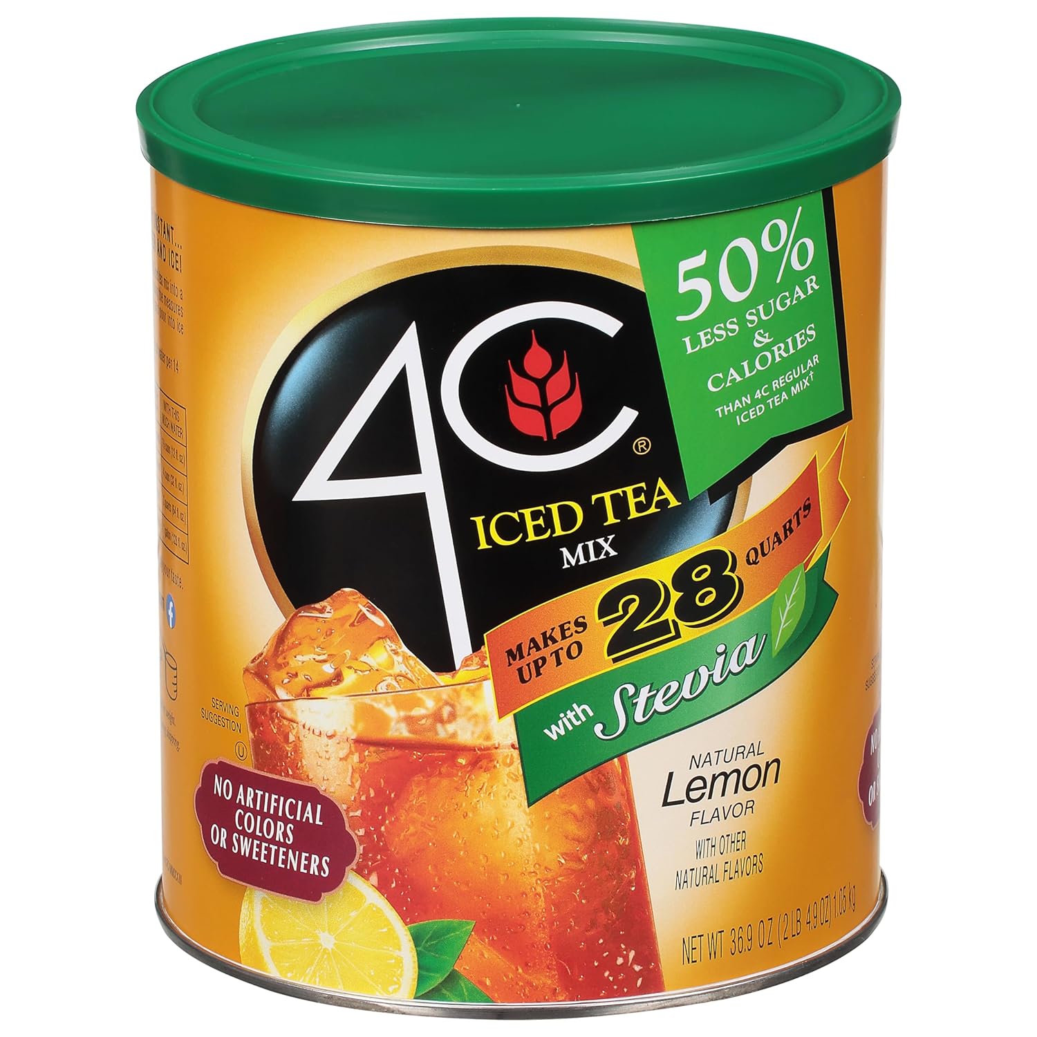 4C Reduced Sugar Powdered Drink Mix Canisters, Iced Tea, 28 Quarts, Family Sized Canister, Thirst Quenching & Refreshing Flavors (Lemon Iced Tea, 36.9 Ounce (Pack Of 1))