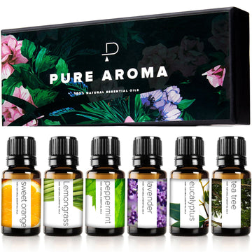 Essential Oils By Pure Aroma 100% Pure Oils Kit- Top 6 Aromatherapy Oils Gift Set-6 Pack, 10Ml(Eucalyptus, Lavender, Lemon Grass, Orange, Peppermint, Tea Tree)