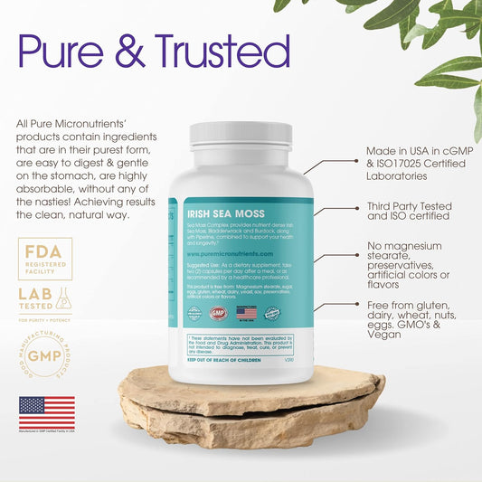 Pure Micronutrients Irish Sea Moss Capsules - 100% Organic Irish Seamoss Pills With Bladderwrack, Burdock & Black Pepper For Energy, Immunity, Thyroid, Digestion, Heart And Joint Health
