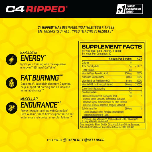 Cellucor C4 Ripped Pre Workout Powder Fruit Punch - Creatine Free + Sugar Free Preworkout Energy Supplement For Men & Women - 150Mg Caffeine + Beta Alanine + Weight Loss - 30 Servings