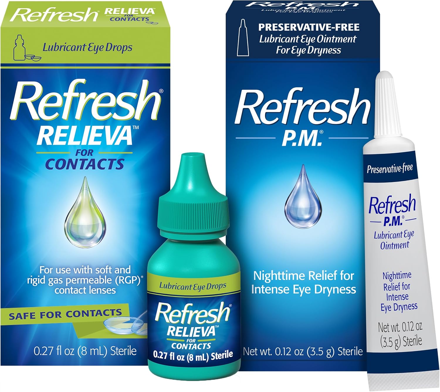 Refresh Relieva For Contacts Lubricant Eye Drops (0.27 Fl Oz) P.M. Eye Ointment, Nighttime Relief, Preservative-Free (0.12 Oz)