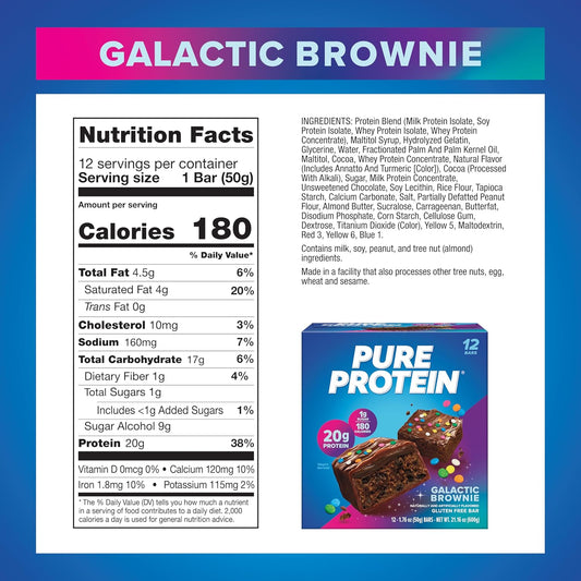 Pure Protein Bars, Galactic Brownie, High Protein, Low Sugar, Gluten Free, Nutritious Snack, 1.76Oz, Pack Of 12