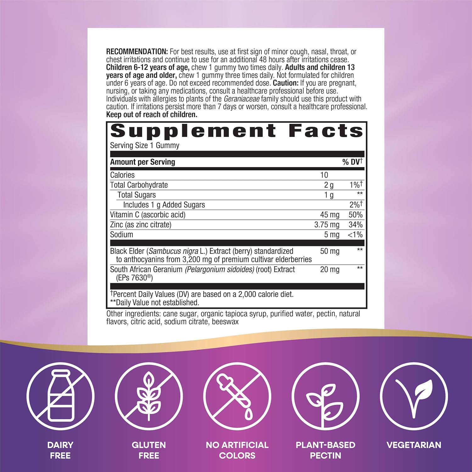 Nature's Way Sambucus Cough Relief+, Immune Gummy, Feel Better Faster, Clinically Proven South African Geranium Root Extract, with Elderberry Extract, Vitamin C & Zinc, 60 Gummies(Packaging May Vary) : Health & Household