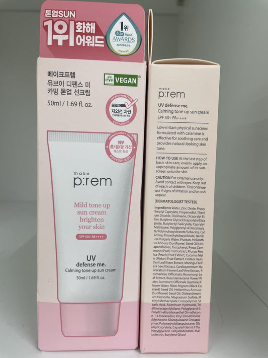 Make P:Rem Uv Defense Me. Calming Tone Up Sun Cream, Korean Sunscreen, Reef Safe Sunscreen, Non Nano Zinc Oxide, Chemical Free, Non Greasy Sunscreen Spf 50, 50Ml, 1.69 Fl.Oz