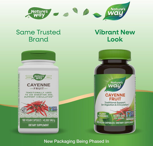 Nature'S Way Cayenne Pepper, Traditional Digestion And Circulation Support*, Non-Gmo Project Verified, Gluten Free, 180 Vegetarian Capsules (Packaging May Vary)