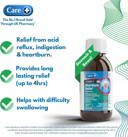 Care Heartburn Advance Indigestion And Heartburn Relief, Peppermint Flavour Oral Suspension, Fast-Acting Soothing Formula For Acid Reflux And Indigestion, Gentle On Stomach, Long-Lasting, 1 X 250Ml