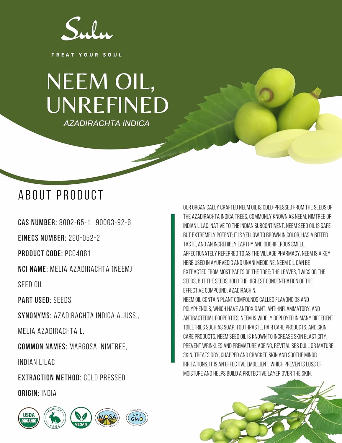 SULU ORGANICS 100% Pure Organic Unrefined Virgin Cold Pressed Neem Oil 8 fl.oz : Beauty & Personal Care