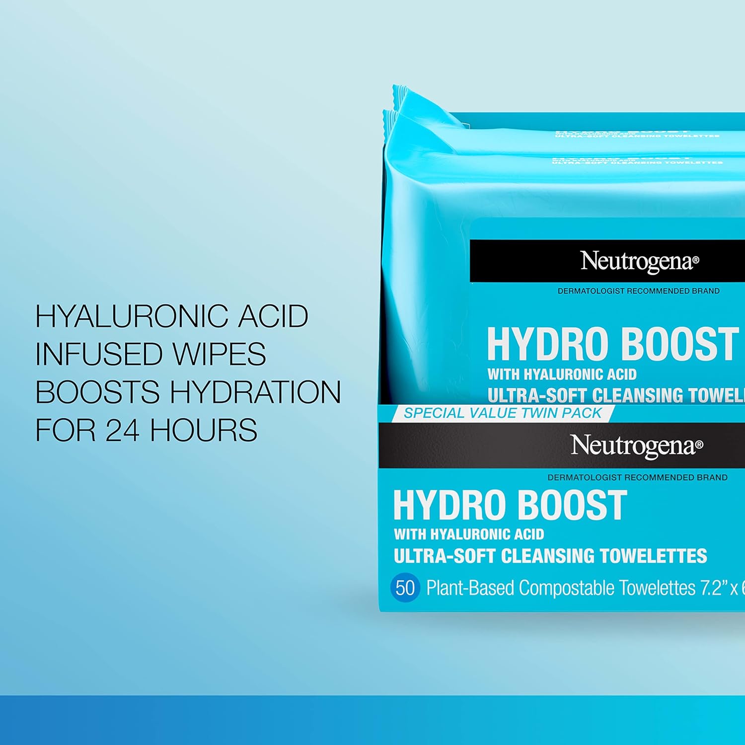 Neutrogena Hydro Boost Facial Cleansing Towelettes + Hyaluronic Acid, Hydrating Makeup Remover Face Wipes Remove Dirt & Waterproof Makeup, Hypoallergenic, 100% Plant-Based Cloth, 2 x 25 ct : Beauty & Personal Care