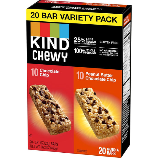 Kind Chewy Granola Bars, Chocolate Chip And Peanut Butter Chocolate Chip, Variety Pack, 100% Whole Grains, Gluten Free Bars, 0.81 Oz (20 Count)