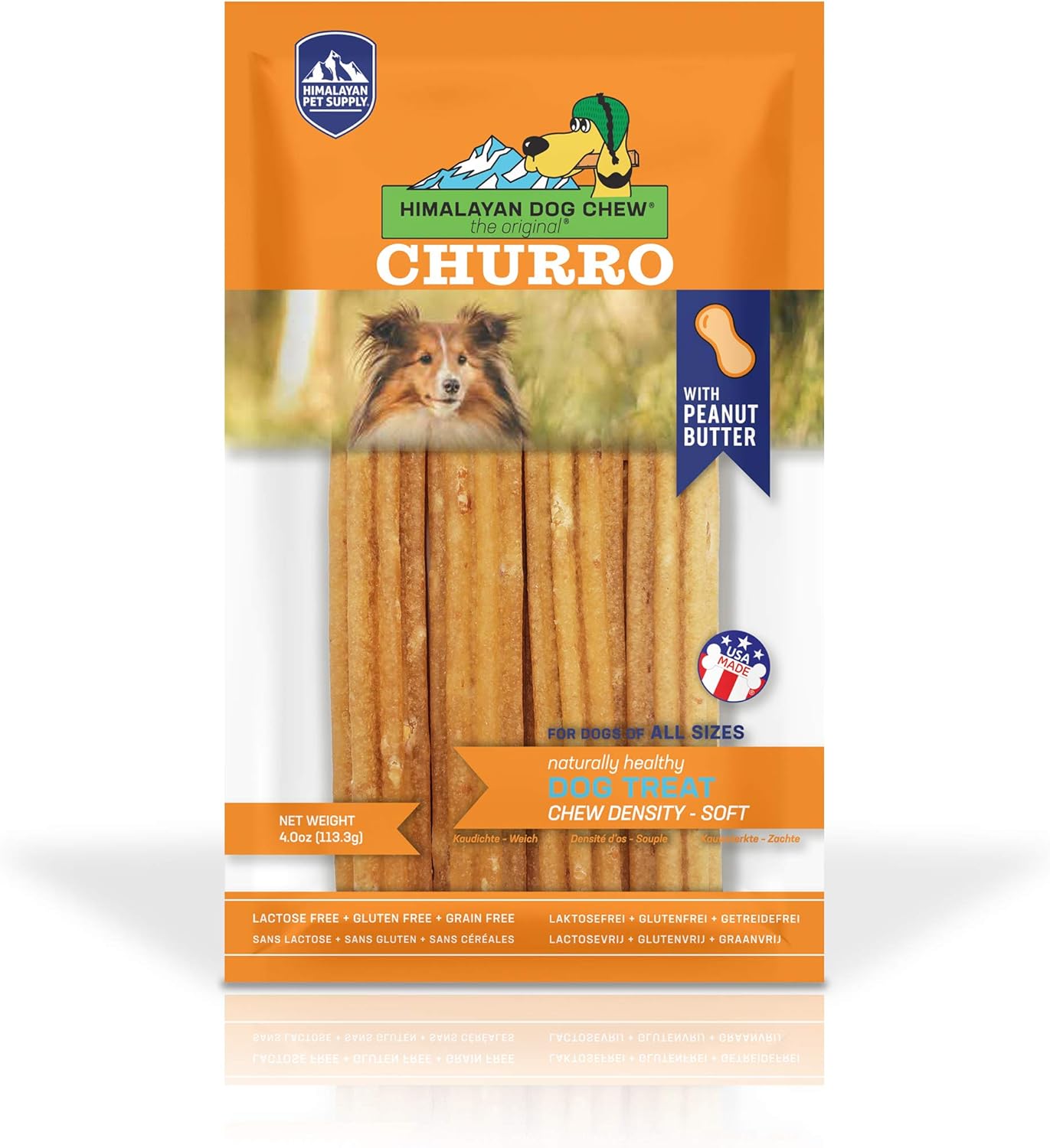 Yakychurro Himalayan Cheese Treats | Lactose Free | Gluten Free | Grain Free | Usa Made | For All Breeds | Peanut Butter | Resealable Pouch With 4 Churros