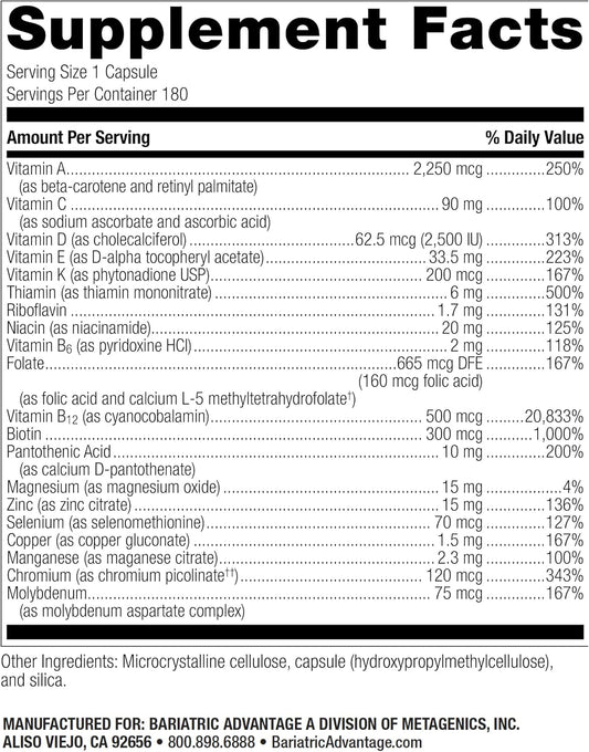Bariatric Advantage High Adek Multi - For Bariatric Surgery Patients - Multivitamin With Vitamins A, D, E, K & Trace Minerals - 100%+ Dv Of Adek - 180 Capsules